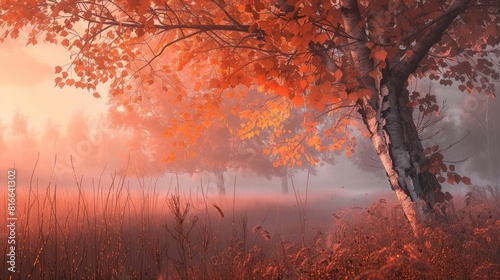 Foggy autumn landscape at dawn