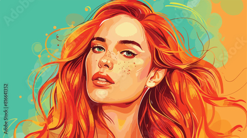 Portrait of beautiful redhead woman on color background