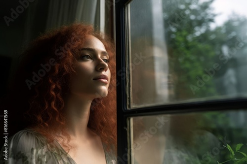 young woman looking through window at home