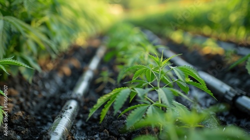 Rows of cannabis plants with irrigation hoses laid out