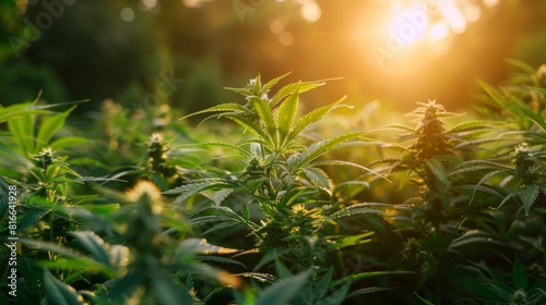 Rows of cannabis plants with vibrant green leaves under the sun