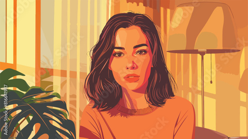 Portrait of beautiful young woman at home Vector style