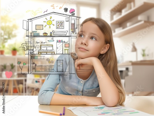 A young girl imagines her future home, with a hand-drawn house plan overlaying her thoughtful expression. The image captures creativity, dreams, and childhood imagination.