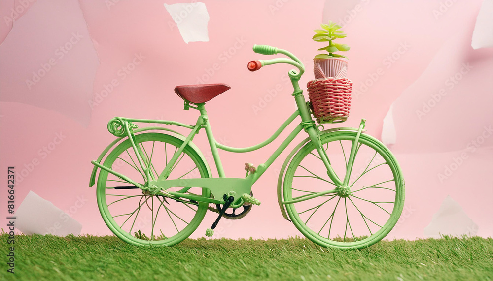 Fototapeta premium Illustration of a green bicycle and world globe earth. World Bicycle Day. Environment preservation. indoors image.