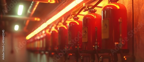 Row of fire extinguishers mounted on a wall in an industrial setting  bright emergency lights in the background