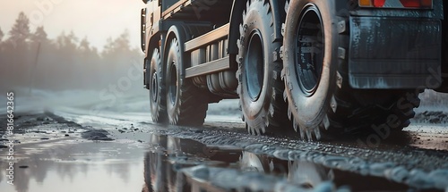 Heavy-duty truck on a misty road at dawn, focus on large treaded tires and robust suspension photo