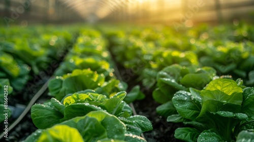 Rows of leafy greens in a high-tech closed system farm photo
