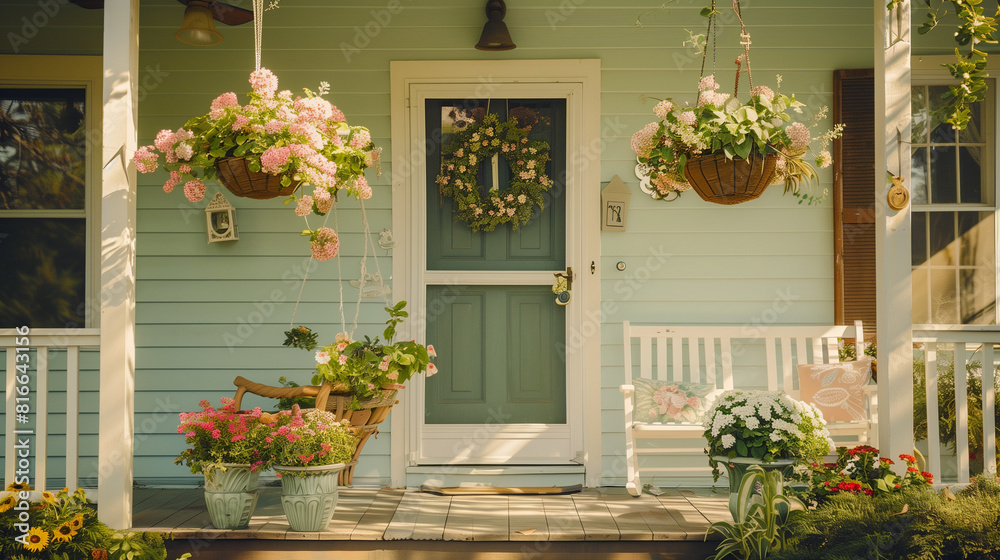 Front porch decorated for spring with hanging baskets of pink flowers, a green wreath on the door, a cozy swing chair, and potted plants, creating a welcoming and charming outdoor space Front porch decorated for spring with hanging baskets of pink flowers, a green wreath on the door, a cozy swing chair, and potted plants, creating a welcoming and charming outdoor space