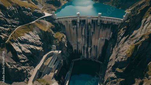 Top view of a massive dam structure with a reservoir in the mountains during clear weather