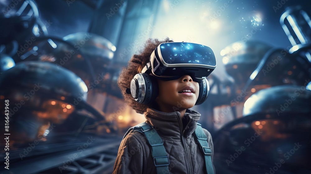 The child is wearing a virtual reality headset and is in a virtual world. The child is wearing a virtual reality headset and is in a virtual world.