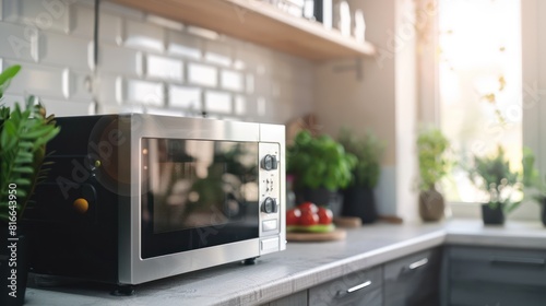 An open microwave oven in a clean  modern kitchen.