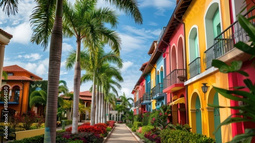 Colorful apartments in American tourist attractions and palm trees