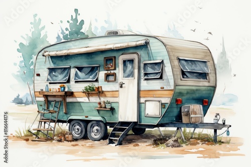 Wallpaper Mural Retro Travel Trailer watercolor clipart. Summer Holiday illustration Torontodigital.ca