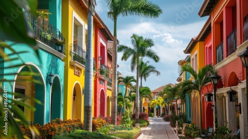 Colorful apartments in American tourist attractions and palm trees