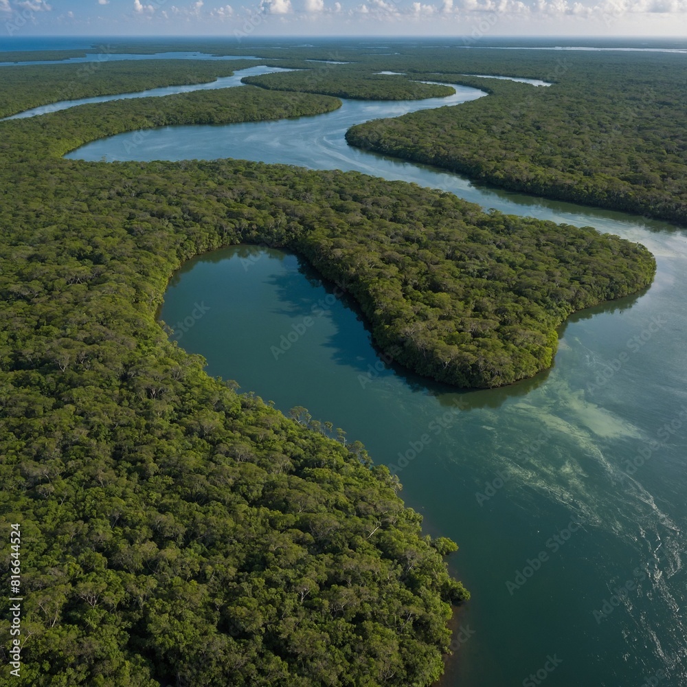 A tropical island with a dense mangrove forest and winding waterways.