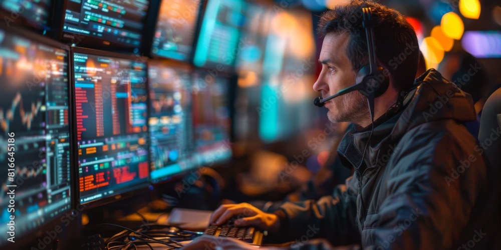 Traders monitoring multiple screens with live stock market data Traders monitoring multiple screens with live stock market data