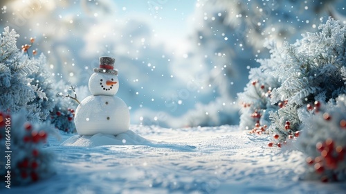 A snowy landscape with a snowman and an open space in the foreground for text or product placement photo