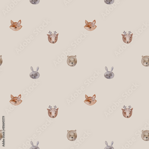 Watercolor baby seamless pattern with forest animals. Simple seamless trendy wallpaper with stain head fox, hare, bear, deer. Hand drawing cartoon illustration on isolated background.