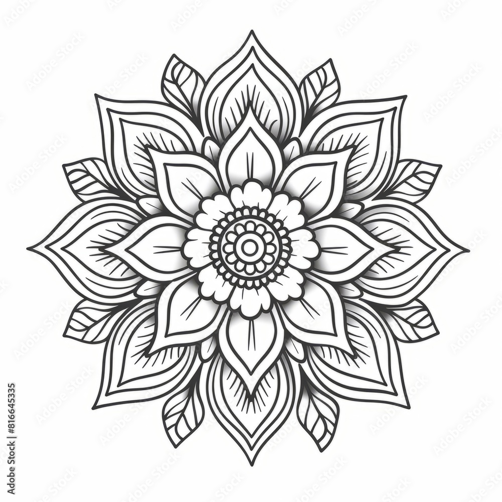 A detailed mandala design in black and white, providing an intricate coloring opportunity, with floral and symmetrical patterns A detailed mandala design in black and white, providing an intricate coloring opportunity, with floral and symmetrical patterns
