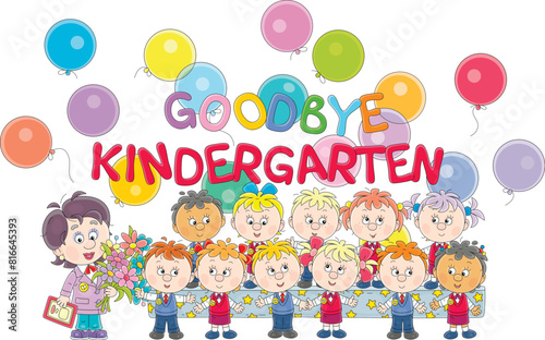 Goodbye kindergarten card with a happy nursery teacher holding colorful flowers and cute little boys and girls graduates releasing holiday balloons at graduation ceremony, vector cartoon illustration