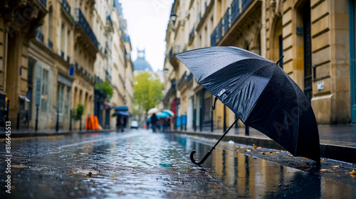 un parapluie ouvert dans une rue pavée parisienne sous la pluie photo