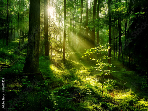 Beautiful deciduous forest with penetrating sun rays.