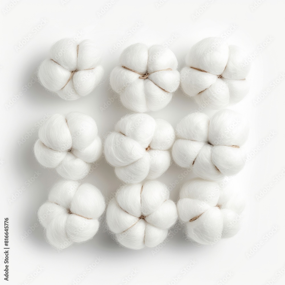 Several white cotton balls scattered on a plain white surface Several white cotton balls scattered on a plain white surface