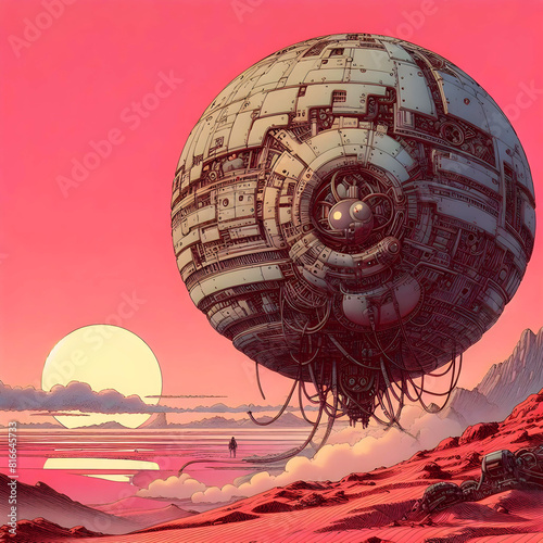 1970 Mechanical sphere floating over a pink desert. photo