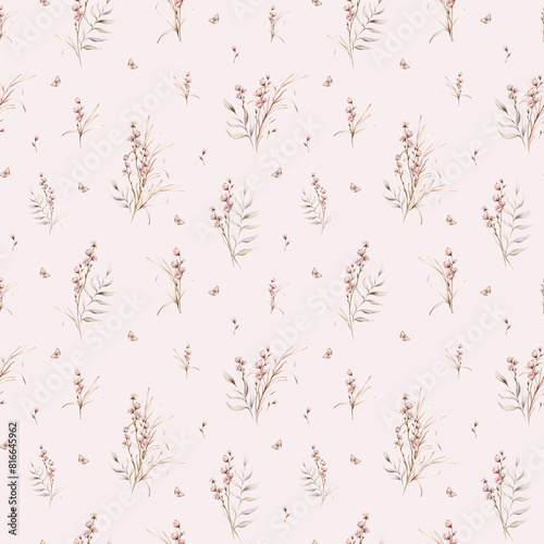 Watercolor seamless pattern floral delicate pastel vintage green violet pink brown bouquet. Hand drawn illustration isolated on white background. Flower and herb summer composition for textile.