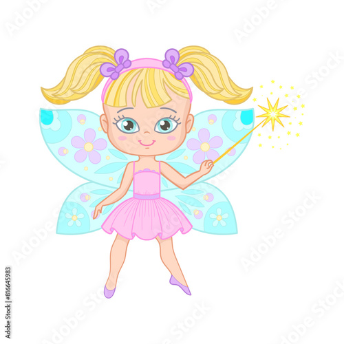 Cute cartoon little fairy girl with butterfly wings and a magic wand. Isolated on a white background. For children's design of prints, posters, cards, stickers, etc. Vector