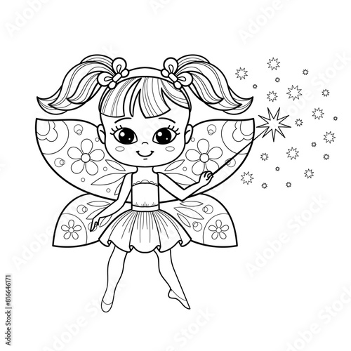 Cute cartoon fairy girl with butterfly wings and a magic wand. Black and white linear drawing. Isolated on a white background. For children's design of coloring books, prints, posters, cards, stickers