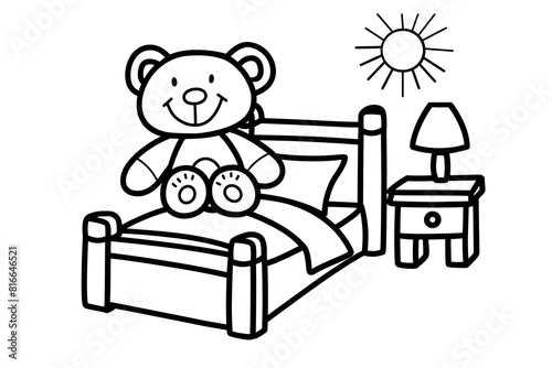 Toy bear on bed for children coloring book or page