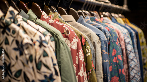 Rack with stylish shirts in boutique closeup