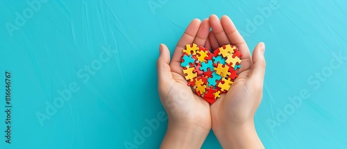two hands gently holding a heart-shaped object made out of colorful interlocking puzzle pieces against a vibrant blue background. photo