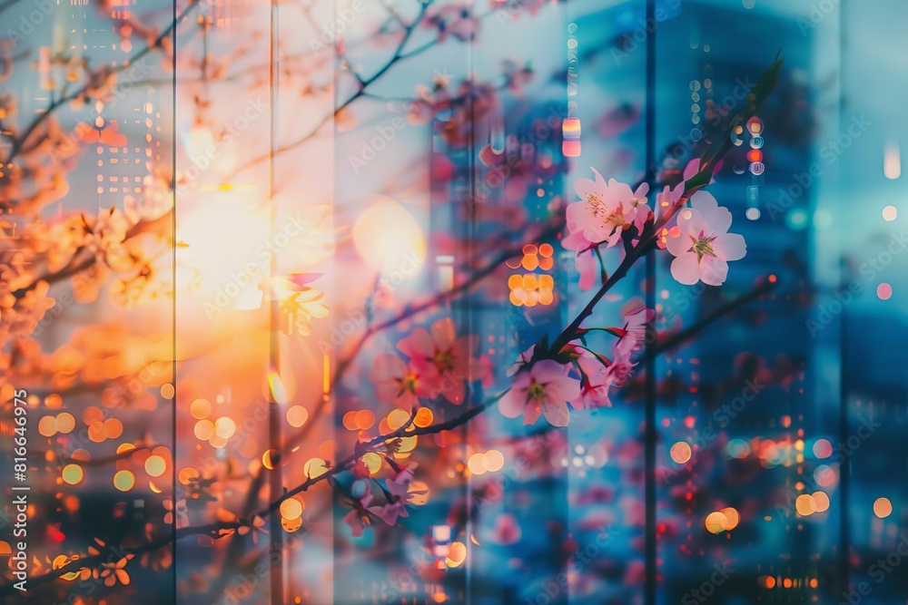 Sakura trees in full bloom in front of a modern hotel Sakura trees in full bloom in front of a modern hotel