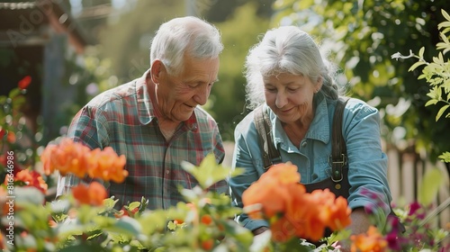 Senior couple gardening together in their backyard, retired life, enjoying hobbies postcareer, tranquil and fulfilling moment