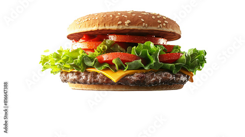 A cheeseburger with lettuce and tomato in the middle of a flip  isolated on transparent background  png file