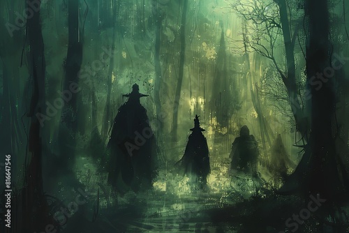 Three witches, cloaked in darkness, navigating the shadowed pathways of a dense forest