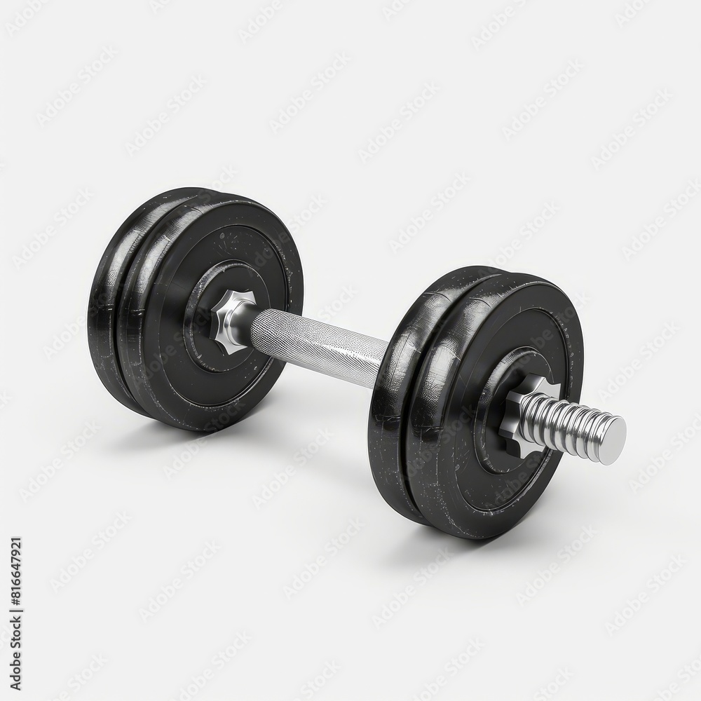A black dumbbell placed on a plain white background A black dumbbell placed on a plain white background