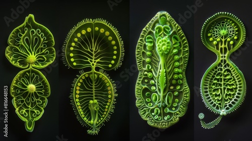 Desmids Show the symmetrical and often ornate shapes of desmids focusing on their green chloroplasts photo