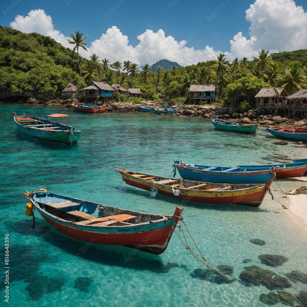 A tropical island with a small fishing village and colorful boats.