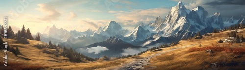 a beautiful landscape painting of a mountain range in the distance with a valley in the foreground. The sky is blue and cloudy and the sun is shining. photo