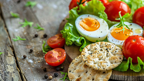 Rice crackers with quail eggs tomatoes and lettuce on