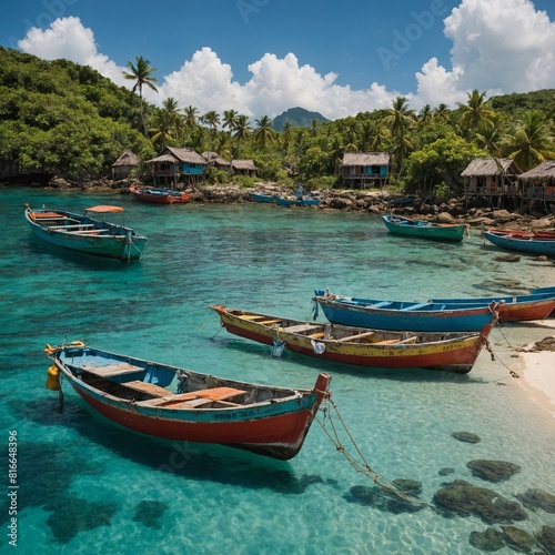 A tropical island with a small fishing village and colorful boats.