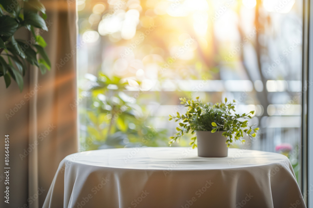 Round table with beige linen cloth and potted houseplant in front of sunlit window overlooking a garden in blur. Mock up, copy space. Shallow depth of field Round table with beige linen cloth and potted houseplant in front of sunlit window overlooking a garden in blur. Mock up, copy space. Shallow depth of field
