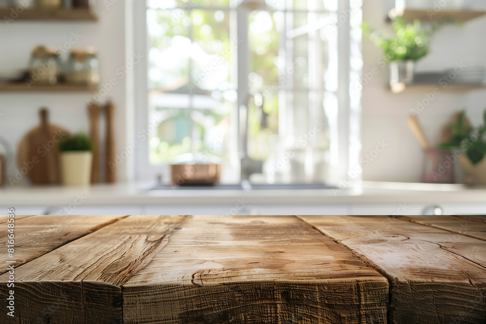 Empty brown wooden table in kitchen interior for mock up, copy space. Shallow depth of field Empty brown wooden table in kitchen interior for mock up, copy space. Shallow depth of field