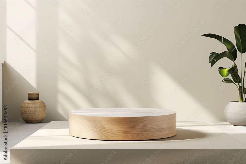 Round wooden podium mock up for product presentation in the empty room with potted houseplant Round wooden podium mock up for product presentation in the empty room with potted houseplant