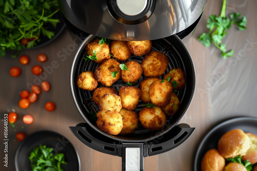Top view of Air fryer on the kitchen table with crispy fried foods, tomatoes and herbs. Shallow depth of field
