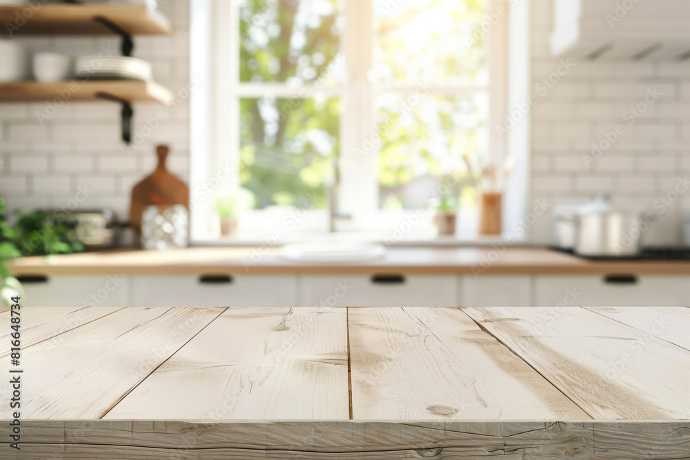 Blank white wooden tabletop in kitchen interior for mock up, copy space. Shallow depth of field Blank white wooden tabletop in kitchen interior for mock up, copy space. Shallow depth of field