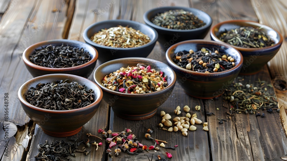 assortment of dry tea in ceramic bowls 